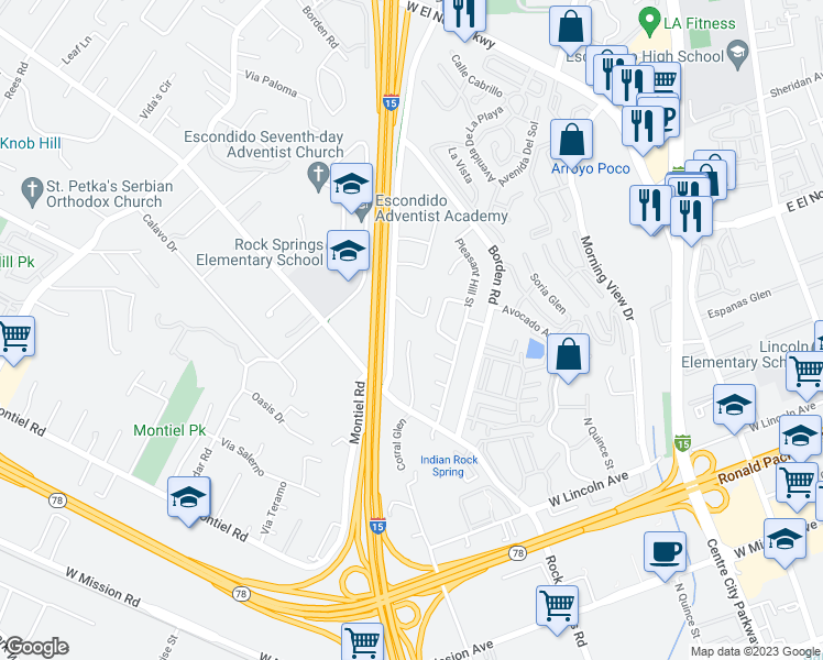 map of restaurants, bars, coffee shops, grocery stores, and more near 1295 Hagen Oakes Court in Escondido