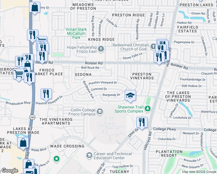 map of restaurants, bars, coffee shops, grocery stores, and more near 10116 Preston Vineyard Drive in Frisco