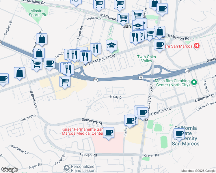 map of restaurants, bars, coffee shops, grocery stores, and more near 340 Beaker Road in San Marcos