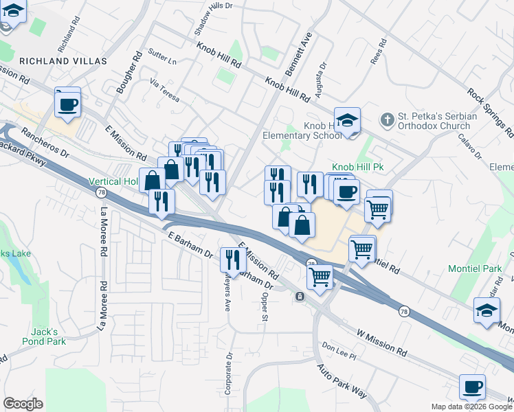 map of restaurants, bars, coffee shops, grocery stores, and more near 1535 Montiel Road in San Marcos