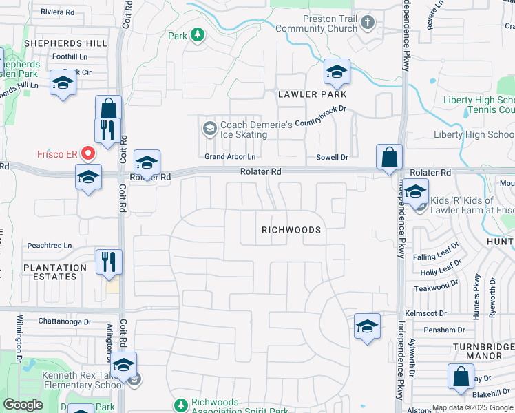 map of restaurants, bars, coffee shops, grocery stores, and more near 7038 Mercy Road in Frisco