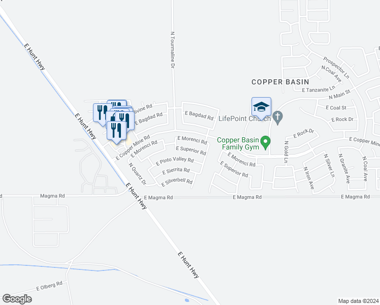 map of restaurants, bars, coffee shops, grocery stores, and more near 3073 East Superior Road in San Tan Valley