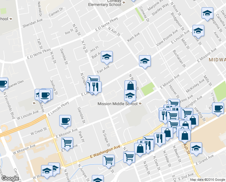 map of restaurants, bars, coffee shops, grocery stores, and more near 910 North Fig Street in Escondido