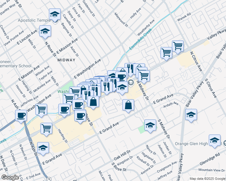 map of restaurants, bars, coffee shops, grocery stores, and more near 1800 East Valley Parkway in Escondido