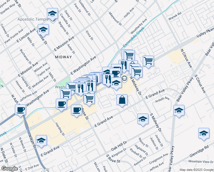 map of restaurants, bars, coffee shops, grocery stores, and more near 1800 East Valley Parkway in Escondido