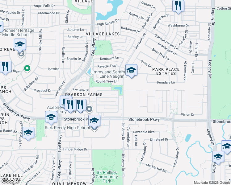 map of restaurants, bars, coffee shops, grocery stores, and more near 3293 Round Tree Lane in Frisco