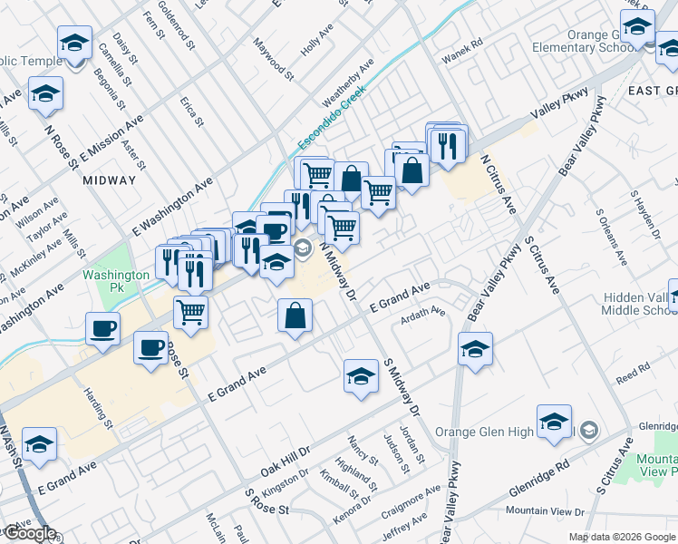 map of restaurants, bars, coffee shops, grocery stores, and more near 320 North Midway Drive in Escondido