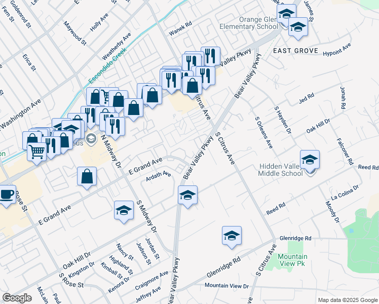 map of restaurants, bars, coffee shops, grocery stores, and more near 2240 Bear Valley Parkway in Escondido