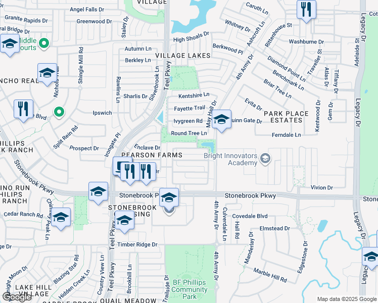 map of restaurants, bars, coffee shops, grocery stores, and more near 3136 Pack Saddle Way in Frisco