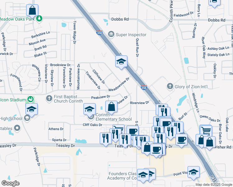 map of restaurants, bars, coffee shops, grocery stores, and more near 3509 Meadowview Drive in Corinth