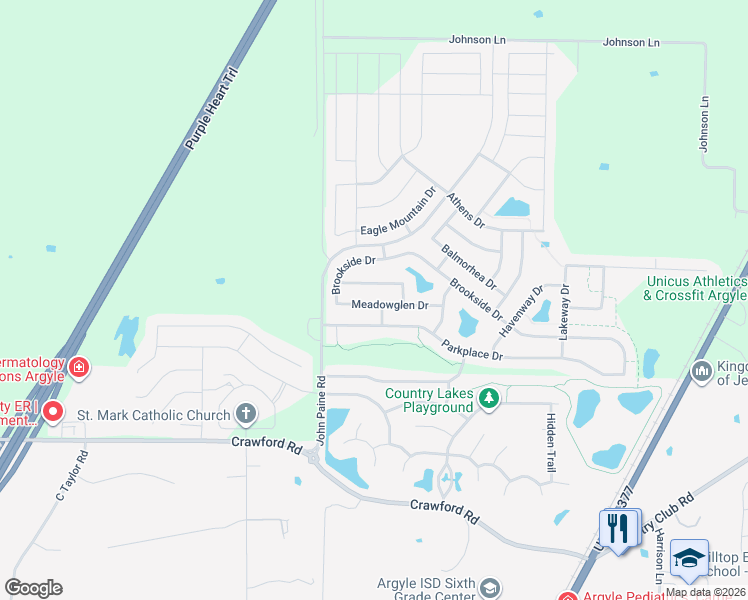 map of restaurants, bars, coffee shops, grocery stores, and more near 5904 Meadowglen Drive in Argyle