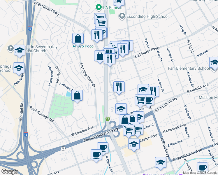 map of restaurants, bars, coffee shops, grocery stores, and more near 1181 North Escondido Boulevard in Escondido