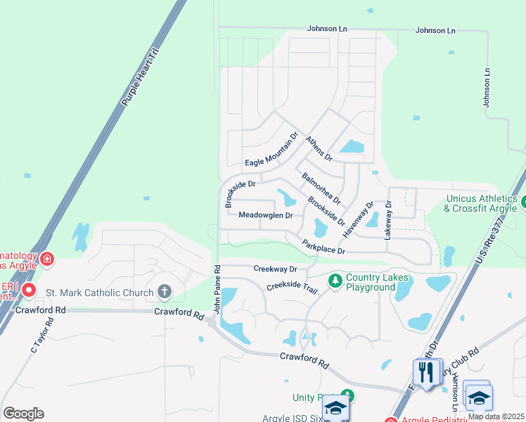 map of restaurants, bars, coffee shops, grocery stores, and more near 5812 Meadowglen Drive in Argyle