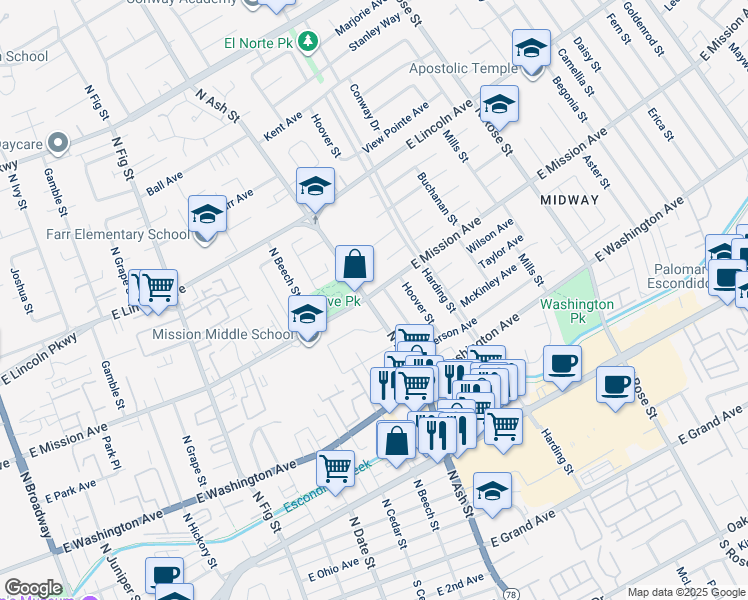 map of restaurants, bars, coffee shops, grocery stores, and more near 1215 East Mission Avenue in Escondido