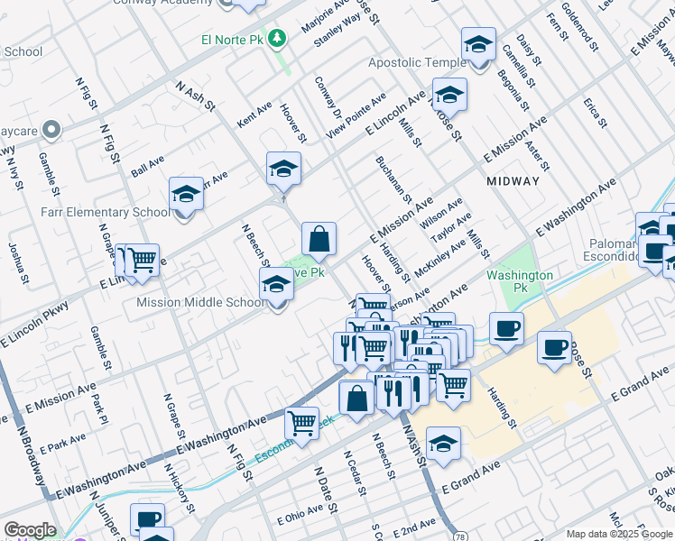 map of restaurants, bars, coffee shops, grocery stores, and more near 1215 East Mission Avenue in Escondido
