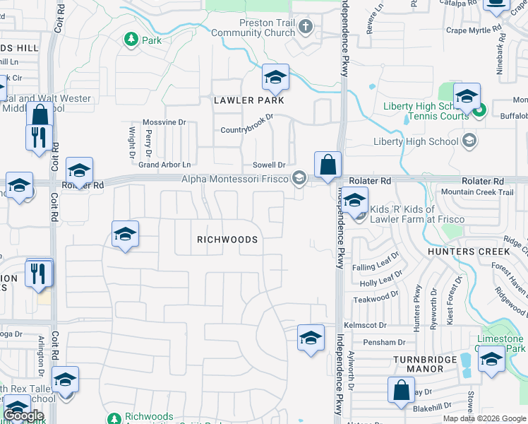 map of restaurants, bars, coffee shops, grocery stores, and more near 14160 Devenish Drive in Frisco