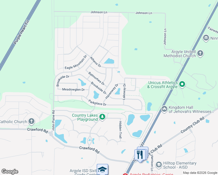 map of restaurants, bars, coffee shops, grocery stores, and more near 9516 Meadowpark Drive in Argyle
