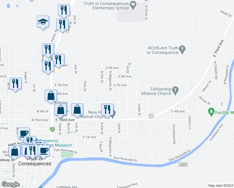map of restaurants, bars, coffee shops, grocery stores, and more near 898 East 6th Avenue in Truth or Consequences