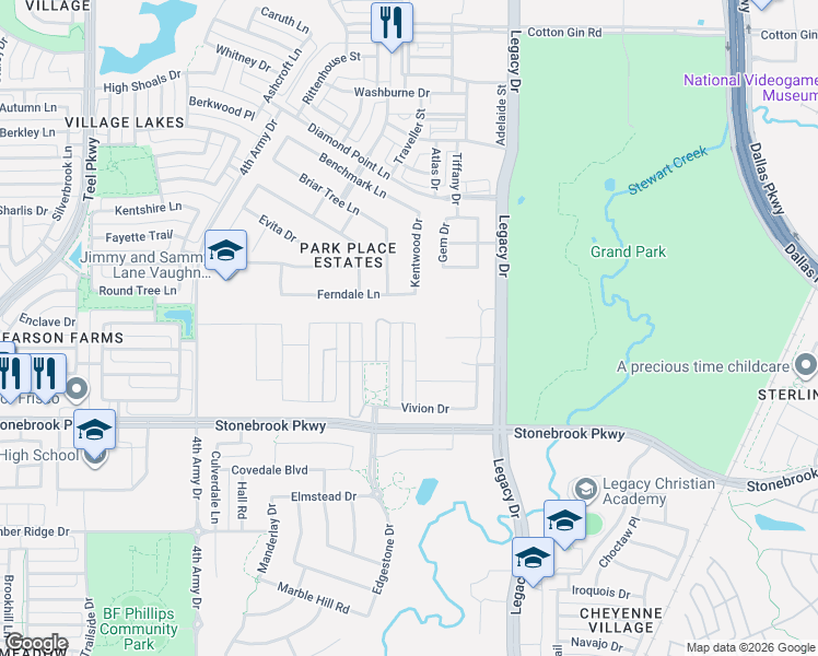 map of restaurants, bars, coffee shops, grocery stores, and more near 6990 Barnes Drive in Frisco