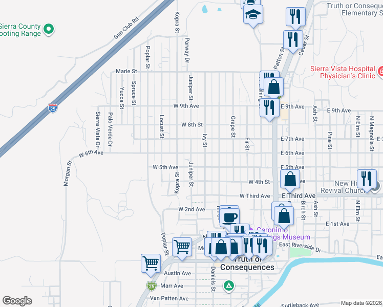 map of restaurants, bars, coffee shops, grocery stores, and more near 698 West 6th Avenue in Truth or Consequences