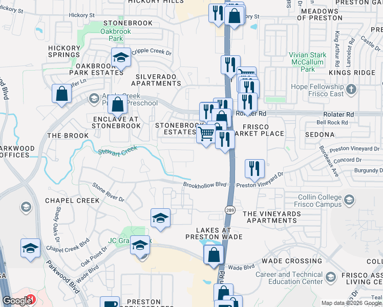 map of restaurants, bars, coffee shops, grocery stores, and more near 7090 Davenport Lane in Frisco