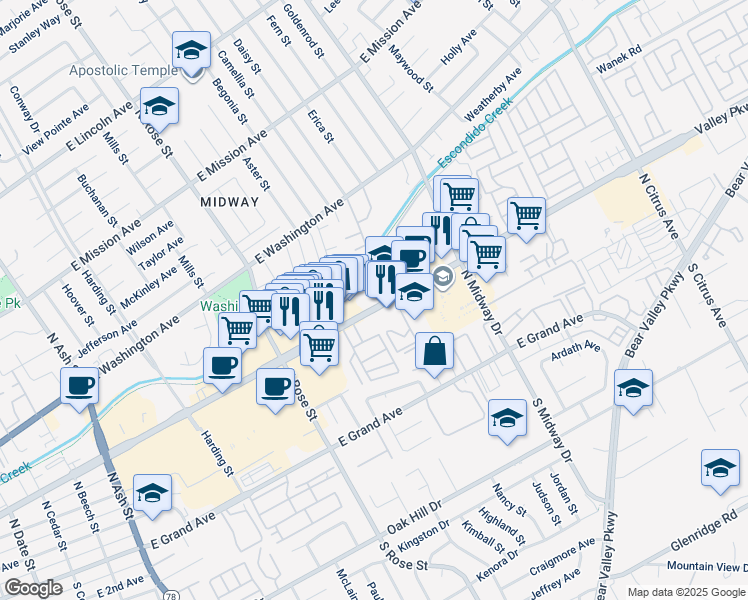 map of restaurants, bars, coffee shops, grocery stores, and more near 1800-2 East Valley Parkway in Escondido
