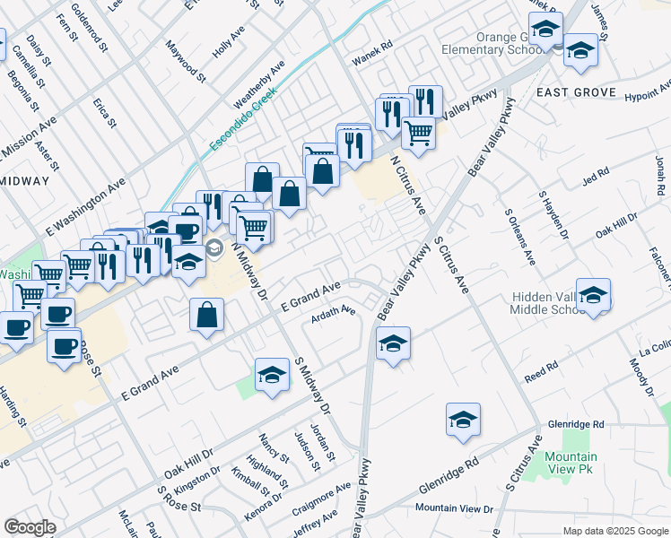 map of restaurants, bars, coffee shops, grocery stores, and more near 2100 East Grand Avenue in Escondido