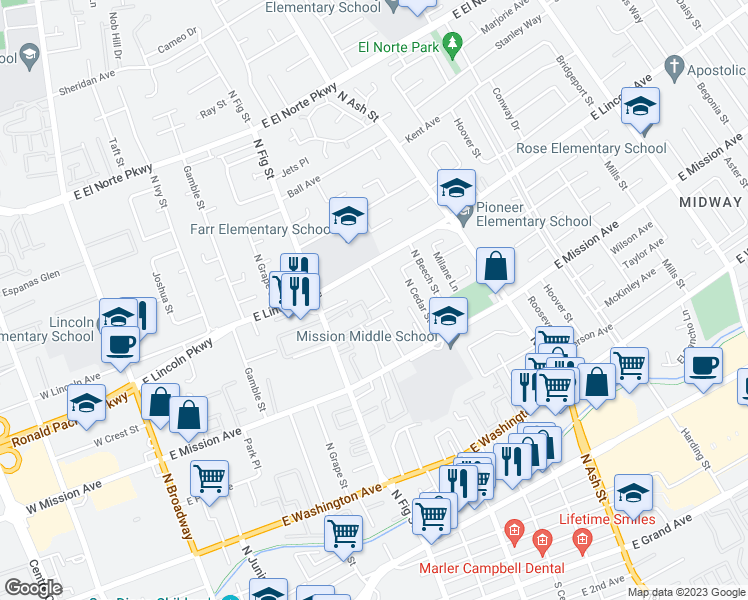 map of restaurants, bars, coffee shops, grocery stores, and more near 935 Martin Drive in Escondido