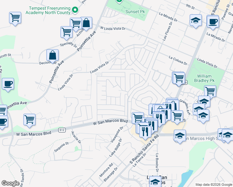 map of restaurants, bars, coffee shops, grocery stores, and more near 1930 West San Marcos Boulevard in San Marcos