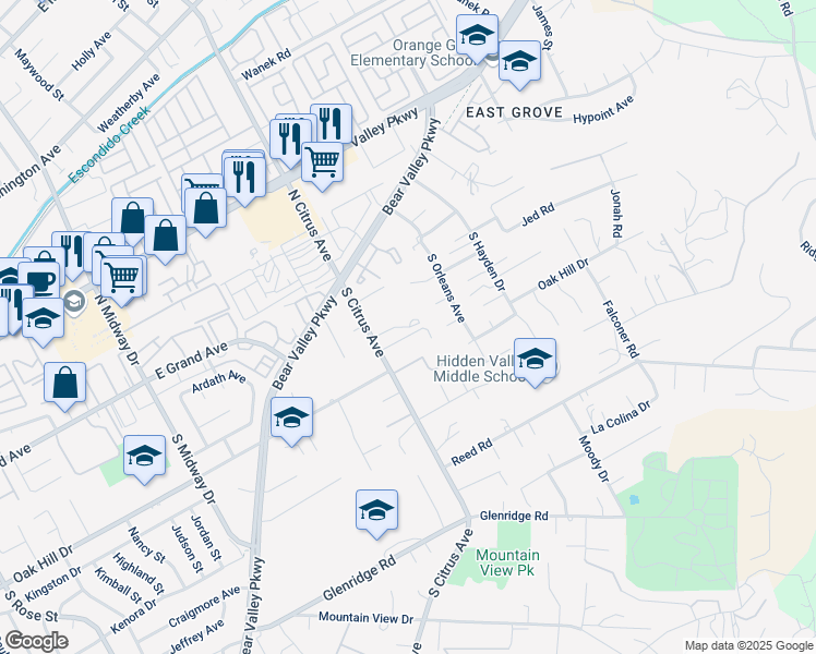 map of restaurants, bars, coffee shops, grocery stores, and more near 316 South Citrus Avenue in Escondido