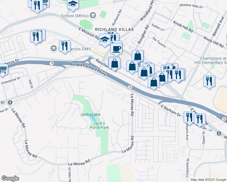 map of restaurants, bars, coffee shops, grocery stores, and more near 943 East Barham Drive in San Marcos