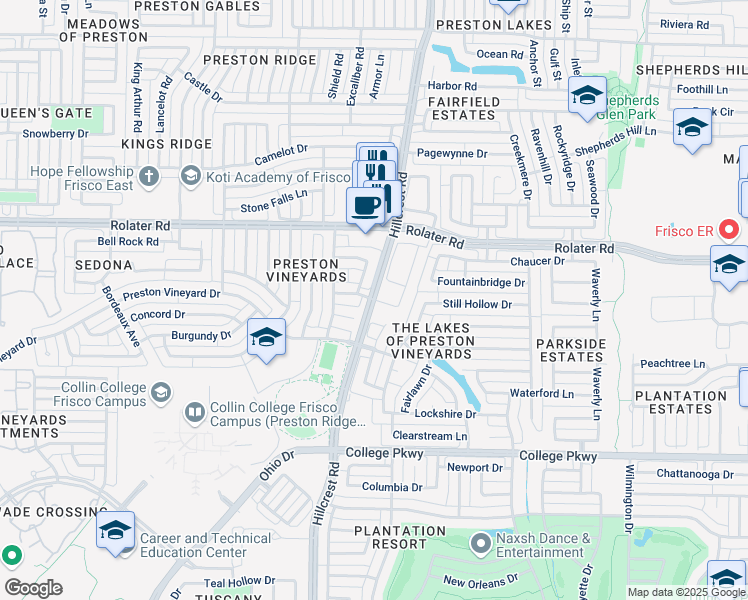 map of restaurants, bars, coffee shops, grocery stores, and more near 11021-11097 Paisano Drive in Frisco