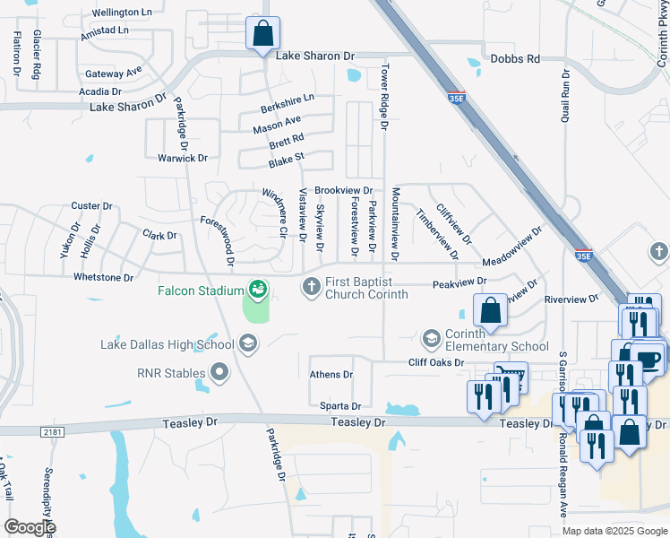 map of restaurants, bars, coffee shops, grocery stores, and more near 3179 Meadowview Drive in Corinth