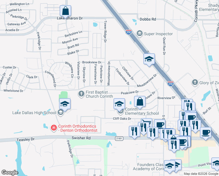 map of restaurants, bars, coffee shops, grocery stores, and more near 3205 Meadowview Drive in Corinth