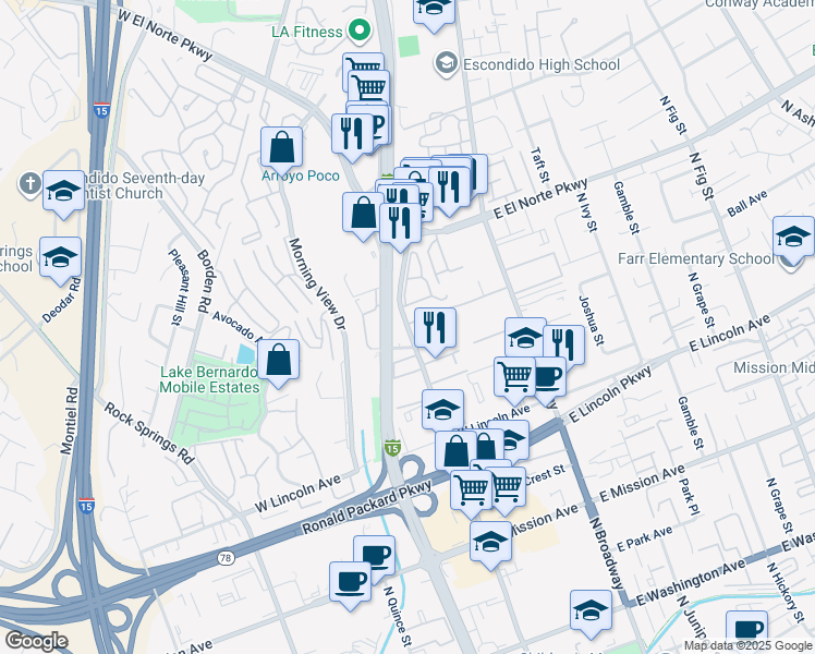 map of restaurants, bars, coffee shops, grocery stores, and more near 1181 North Escondido Boulevard in Escondido