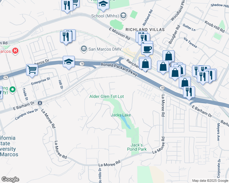 map of restaurants, bars, coffee shops, grocery stores, and more near 607 Hillside Way in San Marcos