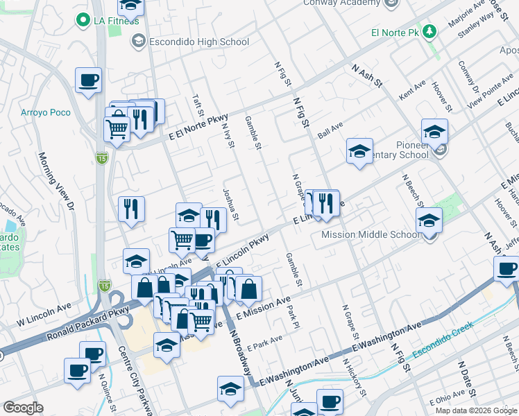 map of restaurants, bars, coffee shops, grocery stores, and more near 1043 North Ivy Street in Escondido
