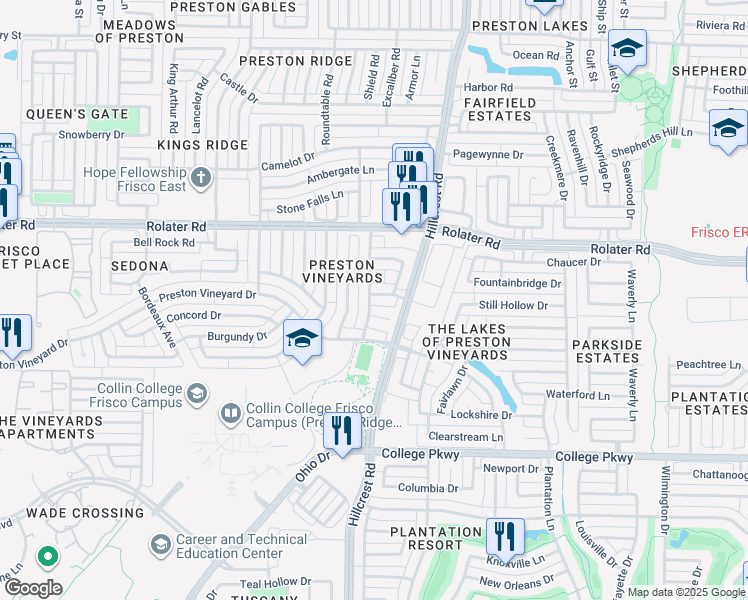 map of restaurants, bars, coffee shops, grocery stores, and more near 7005 Stone Hearth Drive in Frisco