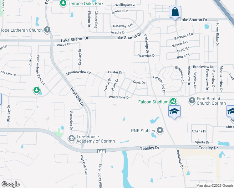 map of restaurants, bars, coffee shops, grocery stores, and more near 2907 Goodnight Trail in Corinth