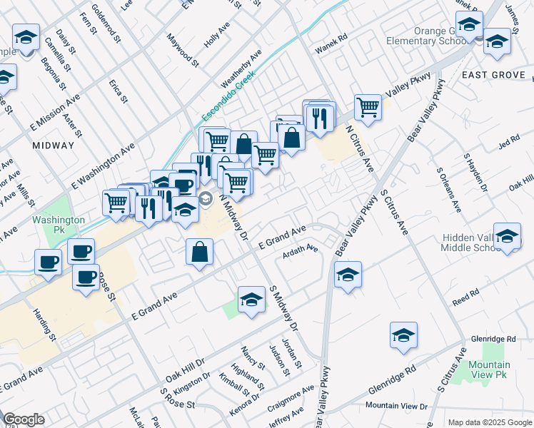 map of restaurants, bars, coffee shops, grocery stores, and more near 302 North Midway Drive in Escondido