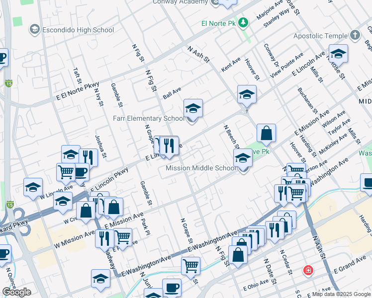 map of restaurants, bars, coffee shops, grocery stores, and more near in Escondido