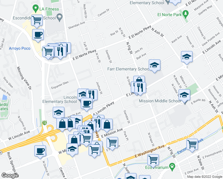 map of restaurants, bars, coffee shops, grocery stores, and more near 1043 North Ivy Street in Escondido