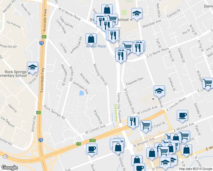 map of restaurants, bars, coffee shops, grocery stores, and more near 1145 Morning View Drive in Escondido