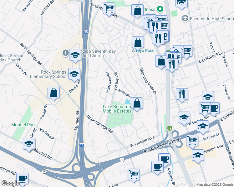 map of restaurants, bars, coffee shops, grocery stores, and more near 1272 Borden Road in Escondido