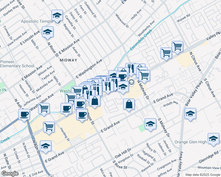 map of restaurants, bars, coffee shops, grocery stores, and more near 1800 East Valley Parkway in Escondido