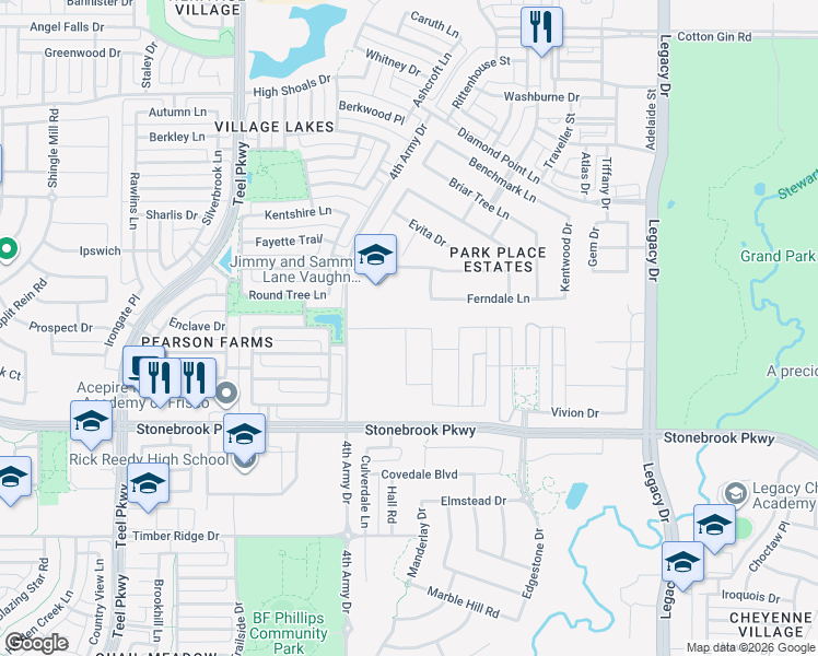map of restaurants, bars, coffee shops, grocery stores, and more near 3705 Ferndale Lane in Frisco
