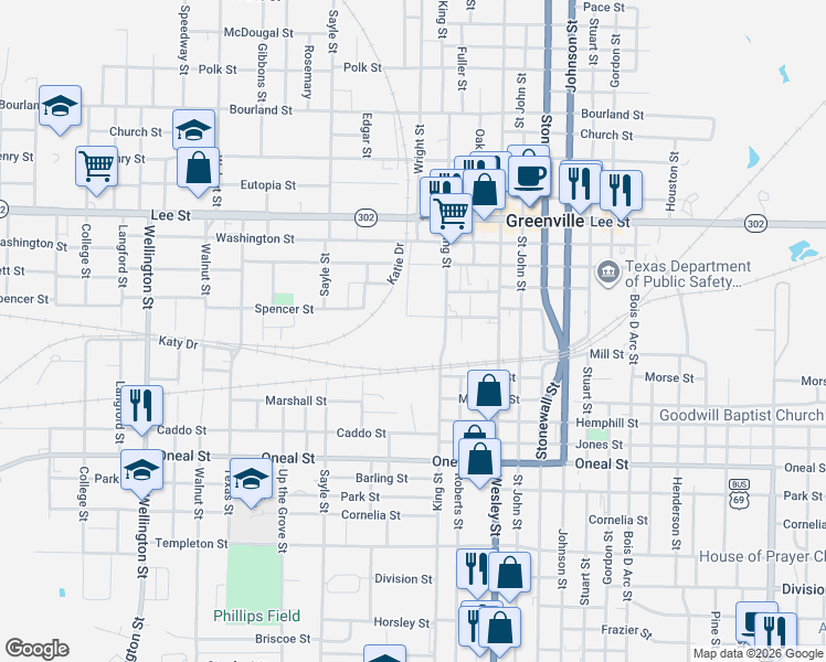 map of restaurants, bars, coffee shops, grocery stores, and more near 3101 Spencer Street in Greenville