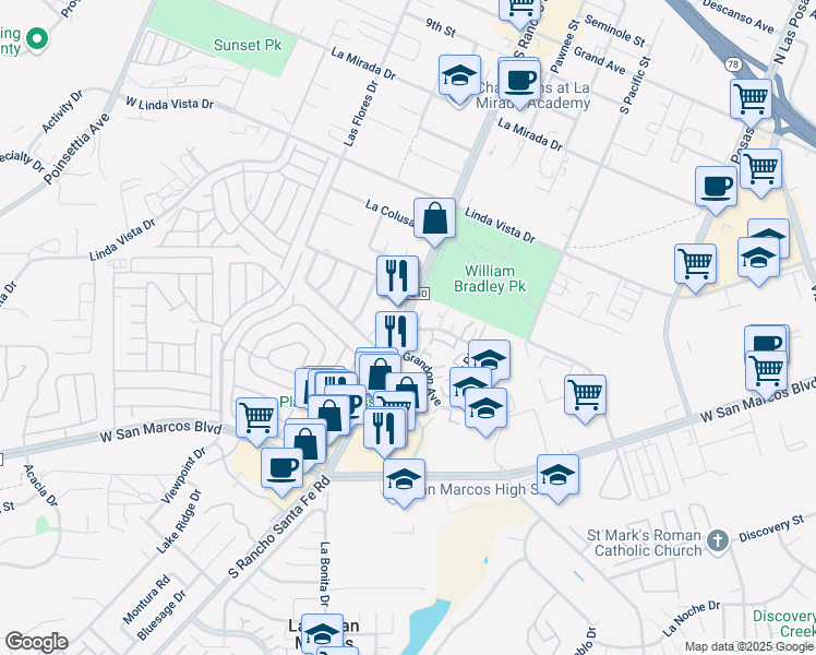 map of restaurants, bars, coffee shops, grocery stores, and more near 1635 Rue De Valle in San Marcos