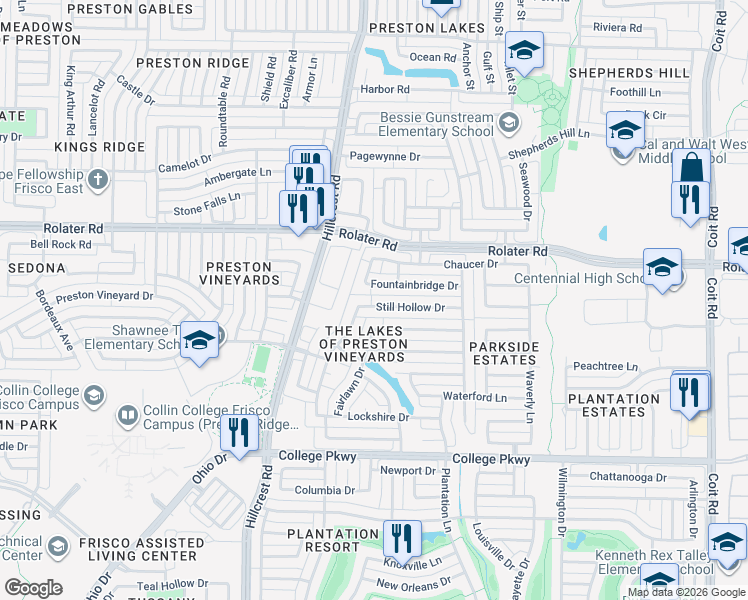 map of restaurants, bars, coffee shops, grocery stores, and more near 11133 Fountainbridge Drive in Frisco