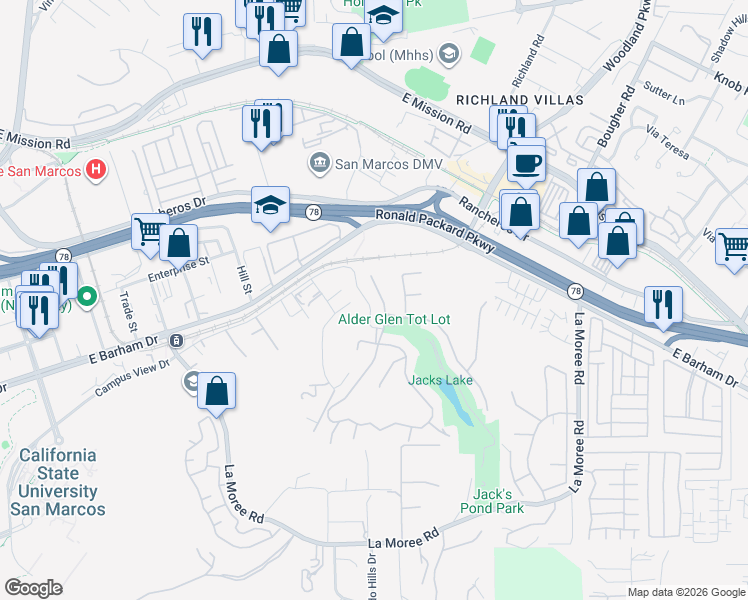 map of restaurants, bars, coffee shops, grocery stores, and more near 374 Edgewater Drive in San Marcos